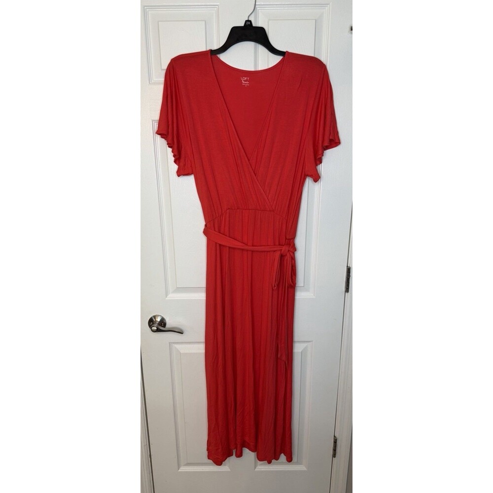 NWOT LOFT Beach Red Maxi Dress Short Sleeve Tie Waist Women’s Size 14 Large XL